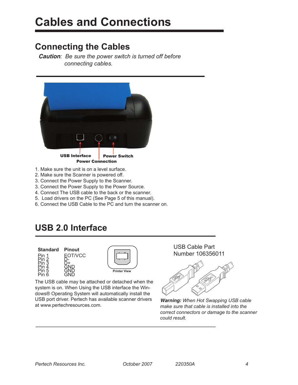 Cables and connections, Connecting the cables, Usb 2.0 interface | Printer view | Pertech 6100 Series User Manual | Page 8 / 16