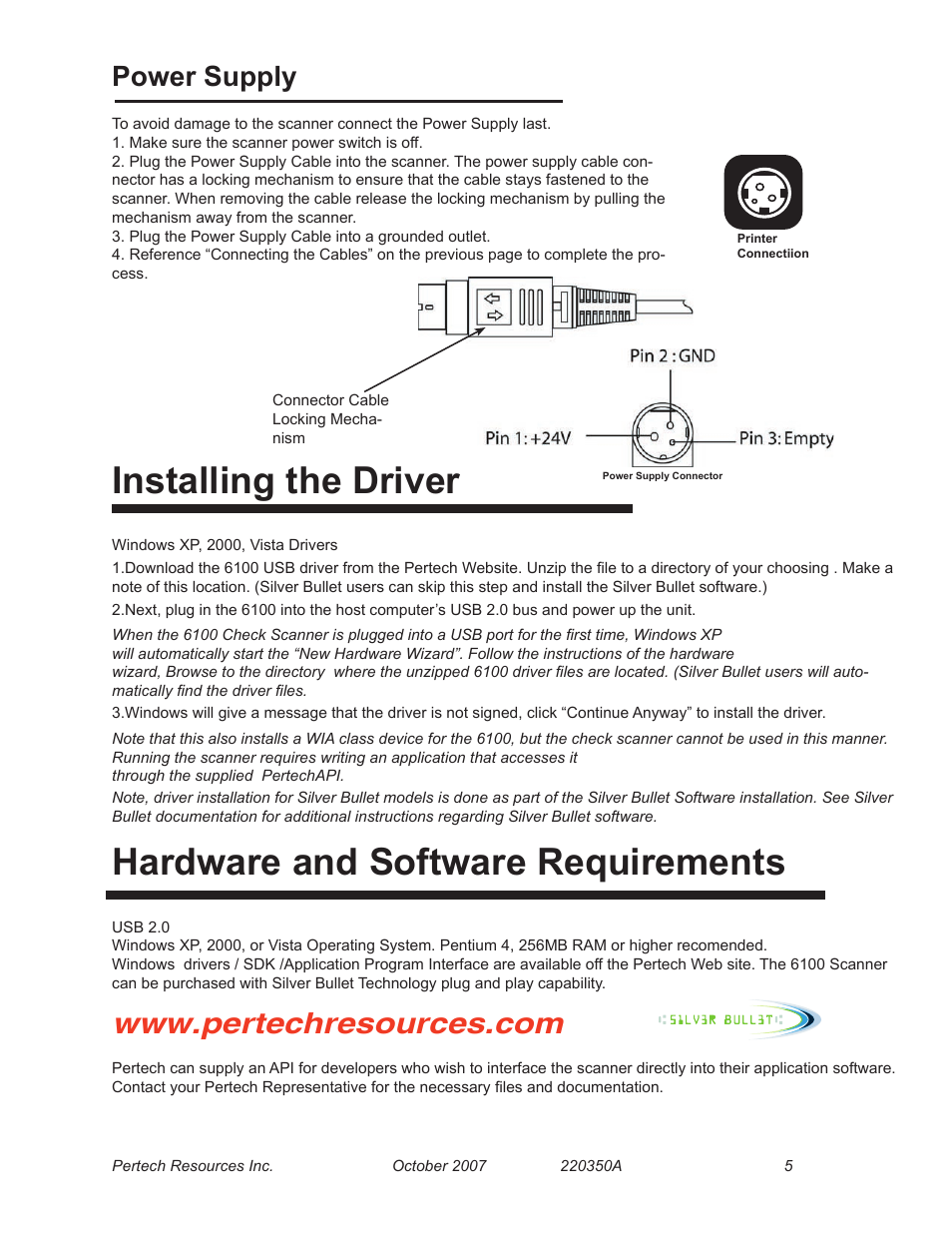 Power supply, Hardware and software requirements, Installing the driver | Power supply connector | Pertech 6100 Series User Manual | Page 9 / 16