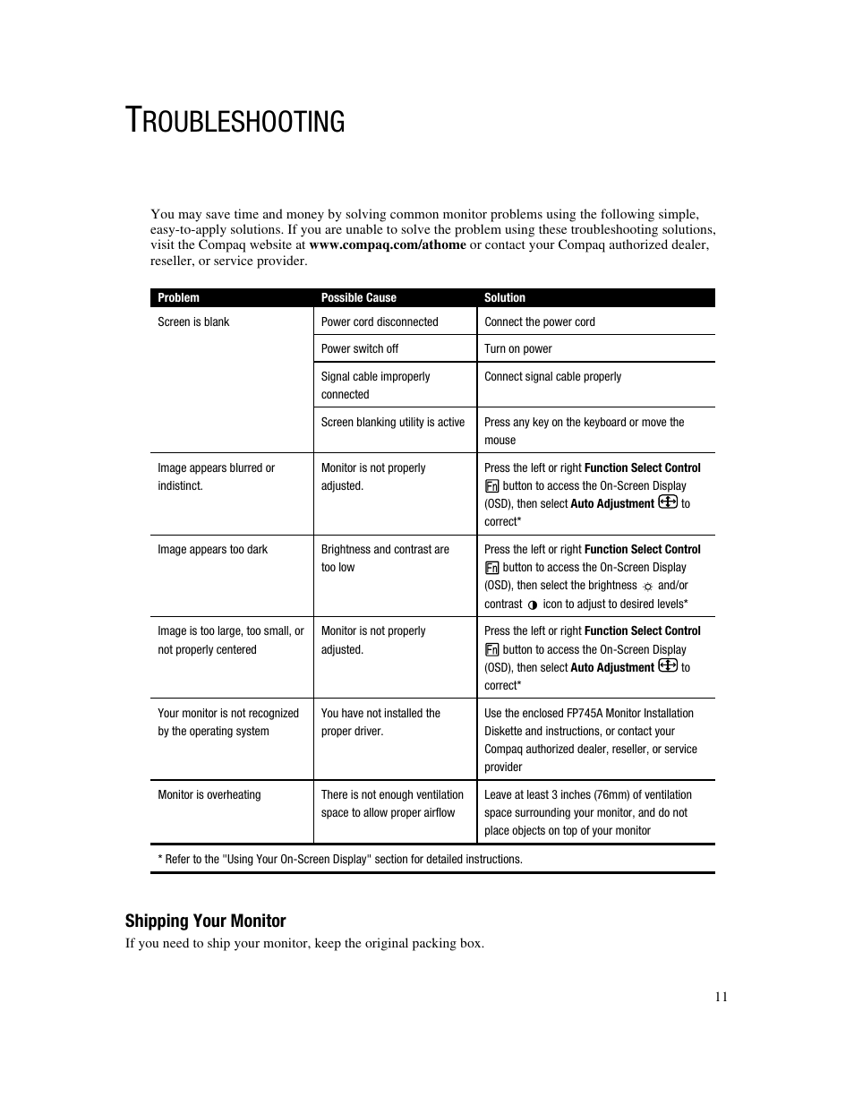 Roubleshooting, Shipping your monitor | Compaq FP745A User Manual | Page 13 / 66