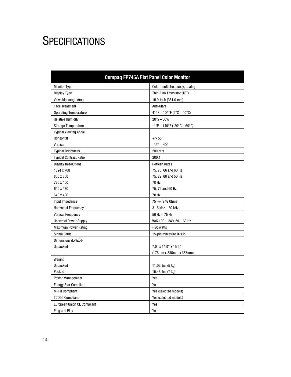 Pecifications, Compaq fp745a flat panel color monitor | Compaq FP745A User Manual | Page 16 / 66