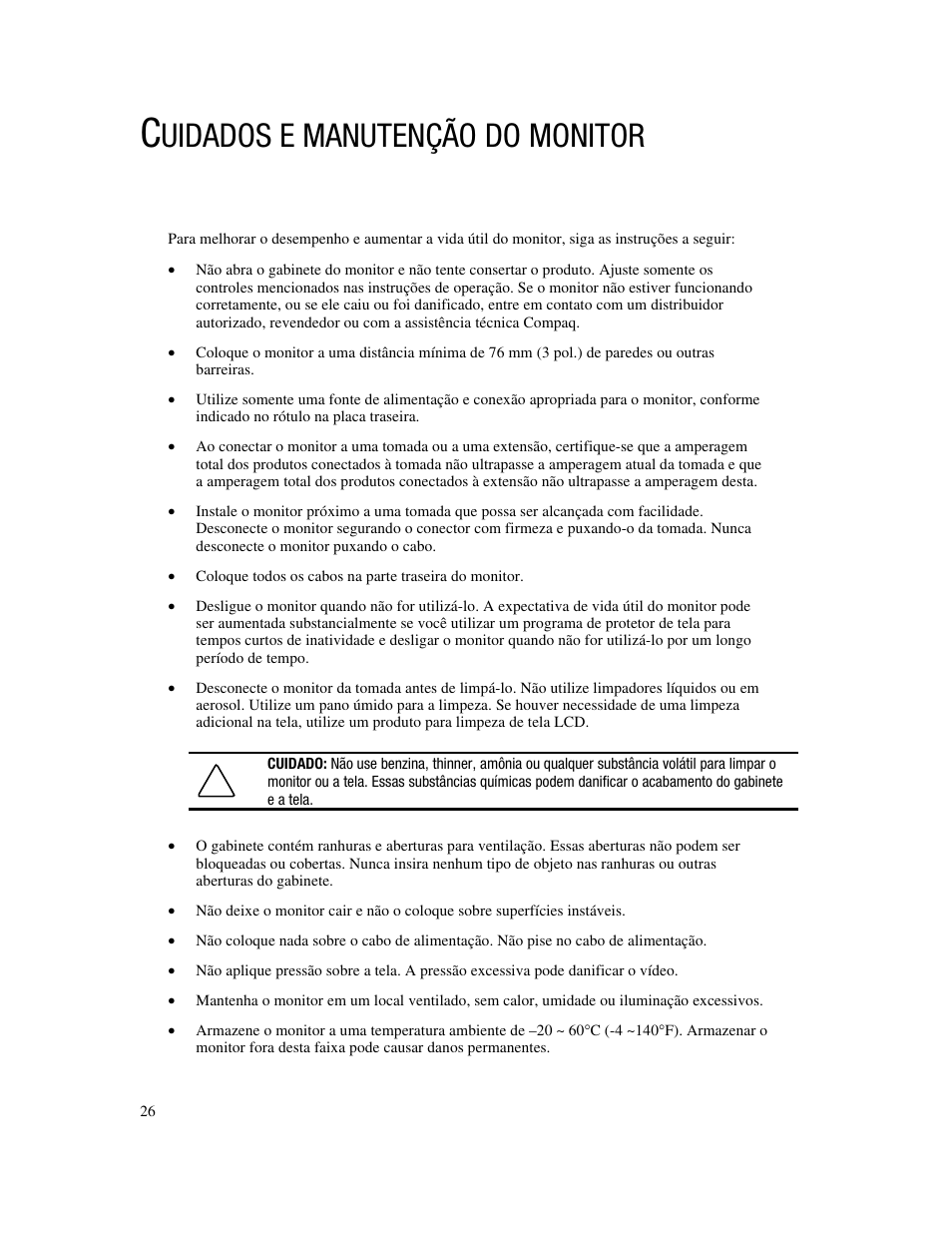 Uidados e manutenção do monitor | Compaq FP745A User Manual | Page 28 / 66