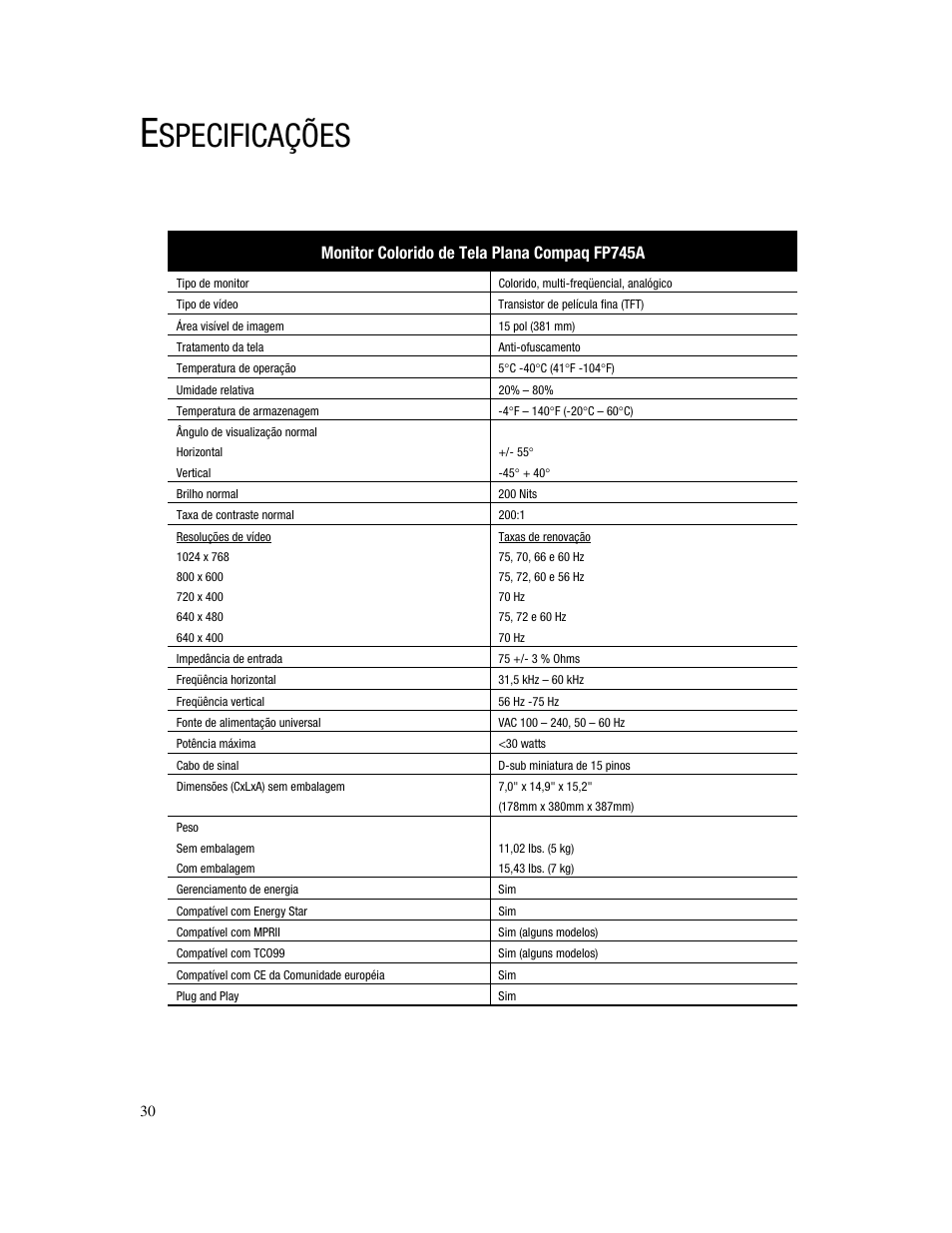 Specificações, Monitor colorido de tela plana compaq fp745a | Compaq FP745A User Manual | Page 32 / 66