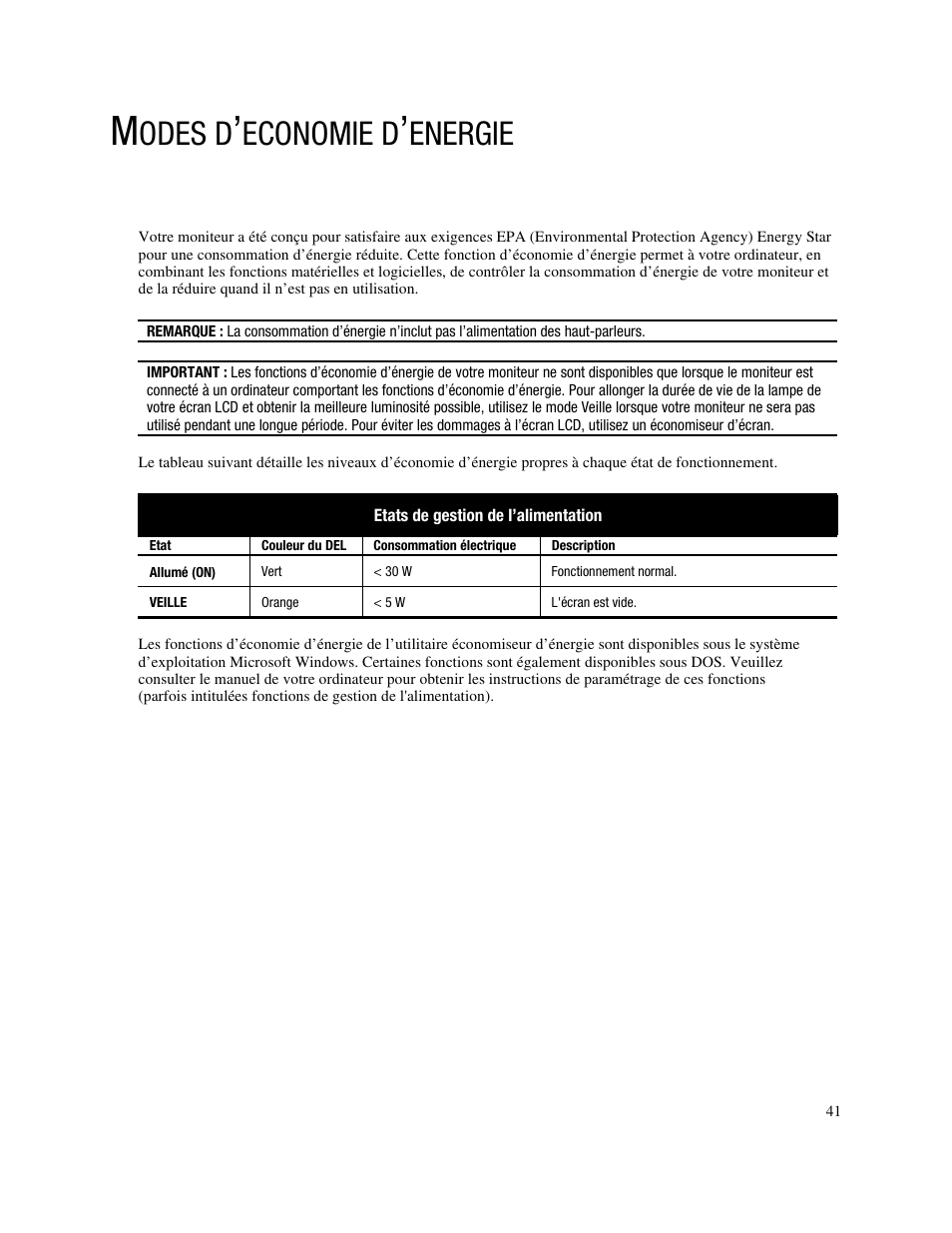 Odes d, Economie d, Energie | Compaq FP745A User Manual | Page 43 / 66