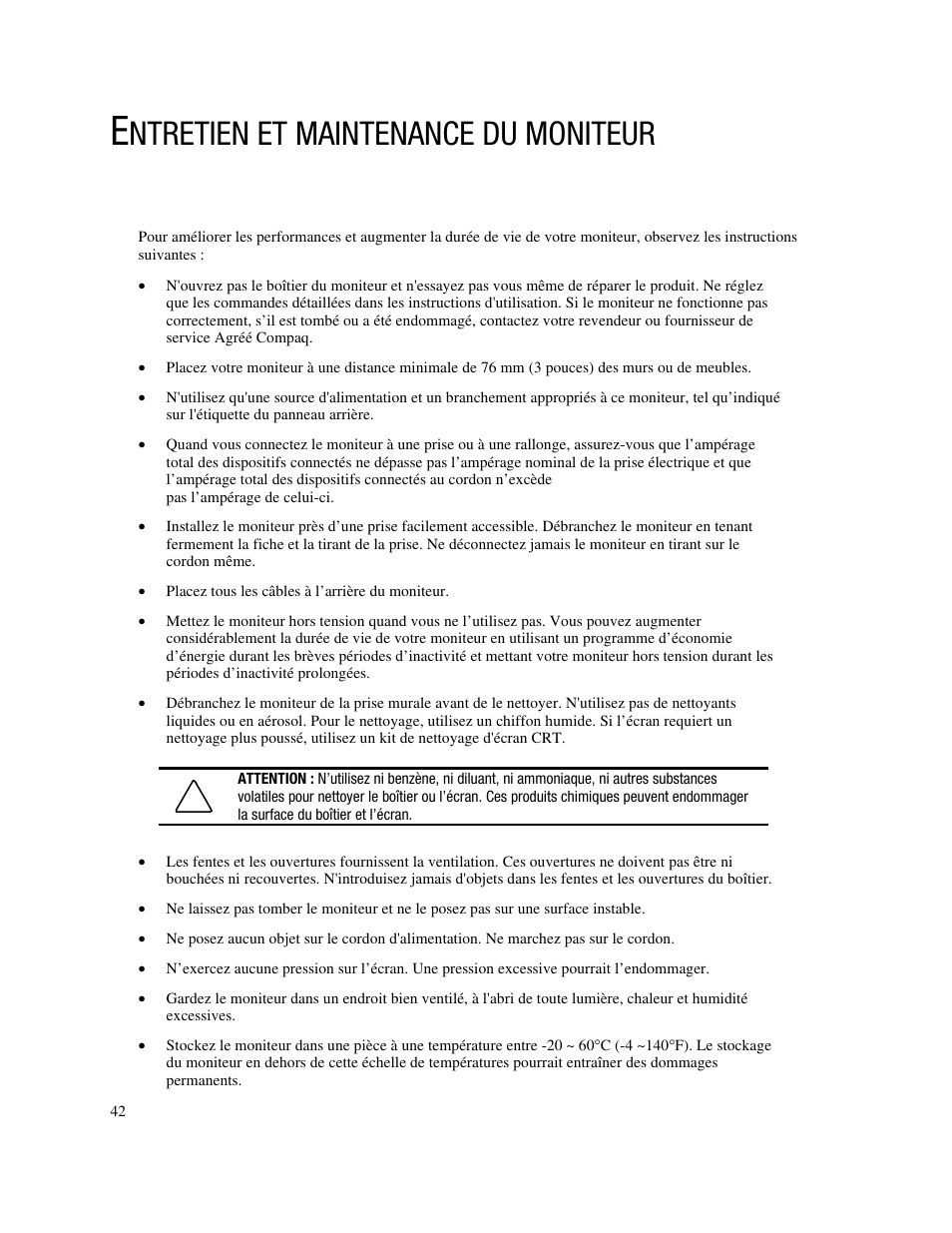 Ntretien et maintenance du moniteur | Compaq FP745A User Manual | Page 44 / 66