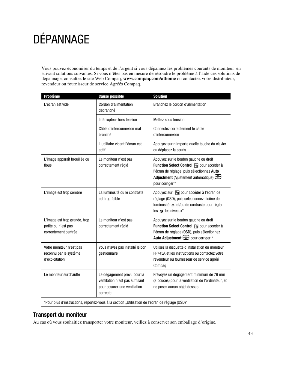 Dépannage, Transport du moniteur | Compaq FP745A User Manual | Page 45 / 66