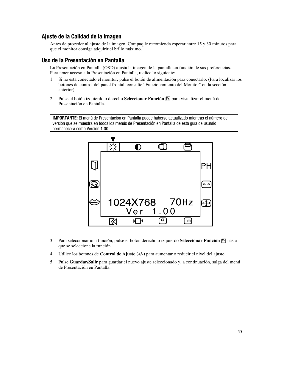 Ajuste de la calidad de la imagen, Uso de la presentación en pantalla | Compaq FP745A User Manual | Page 57 / 66