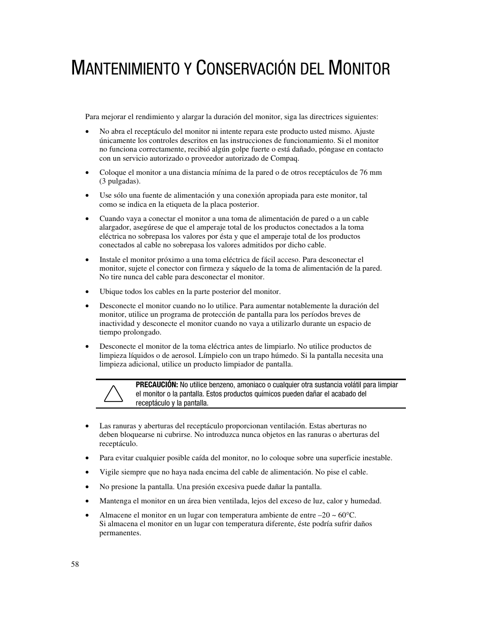 Antenimiento y, Onservación del, Onitor | Compaq FP745A User Manual | Page 60 / 66