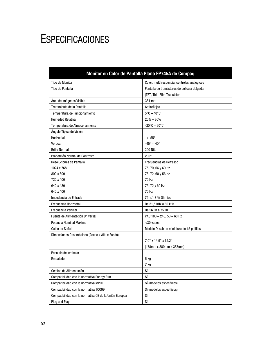 Specificaciones | Compaq FP745A User Manual | Page 64 / 66