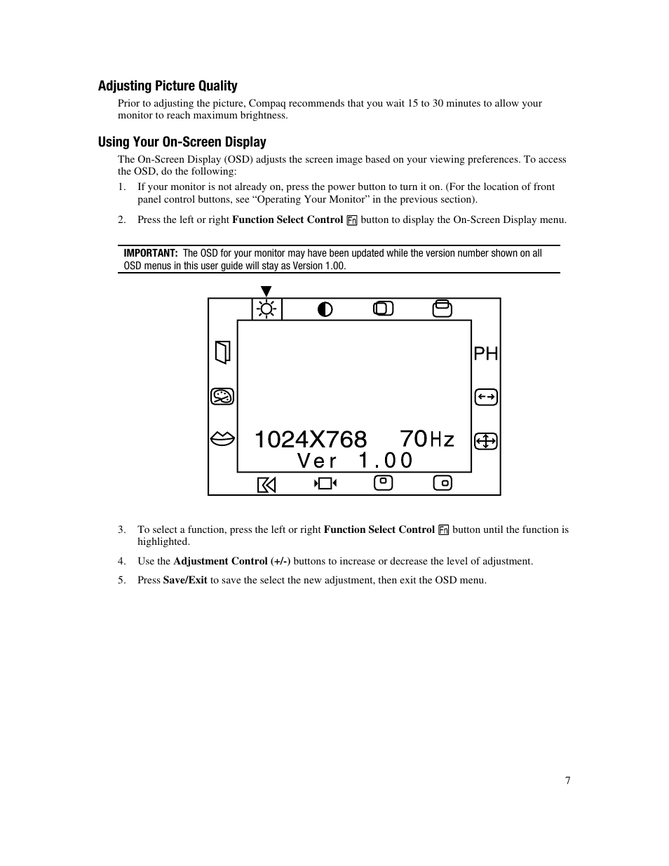 Adjusting picture quality, Using your on-screen display | Compaq FP745A User Manual | Page 9 / 66