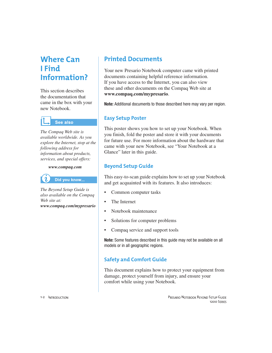 Where can i find information, Printed documents | Compaq 1200 User Manual | Page 10 / 158