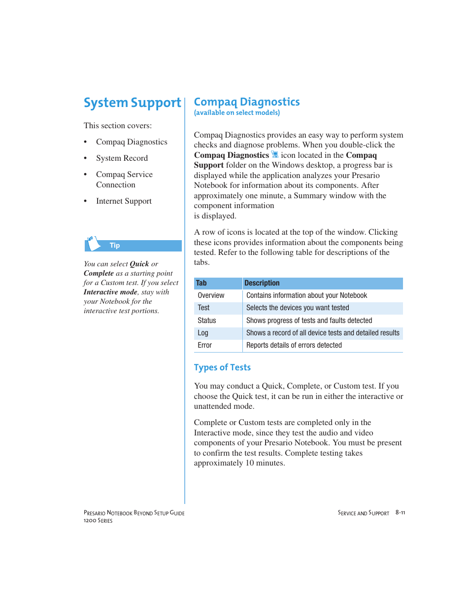 System support, Compaq diagnostics | Compaq 1200 User Manual | Page 101 / 158