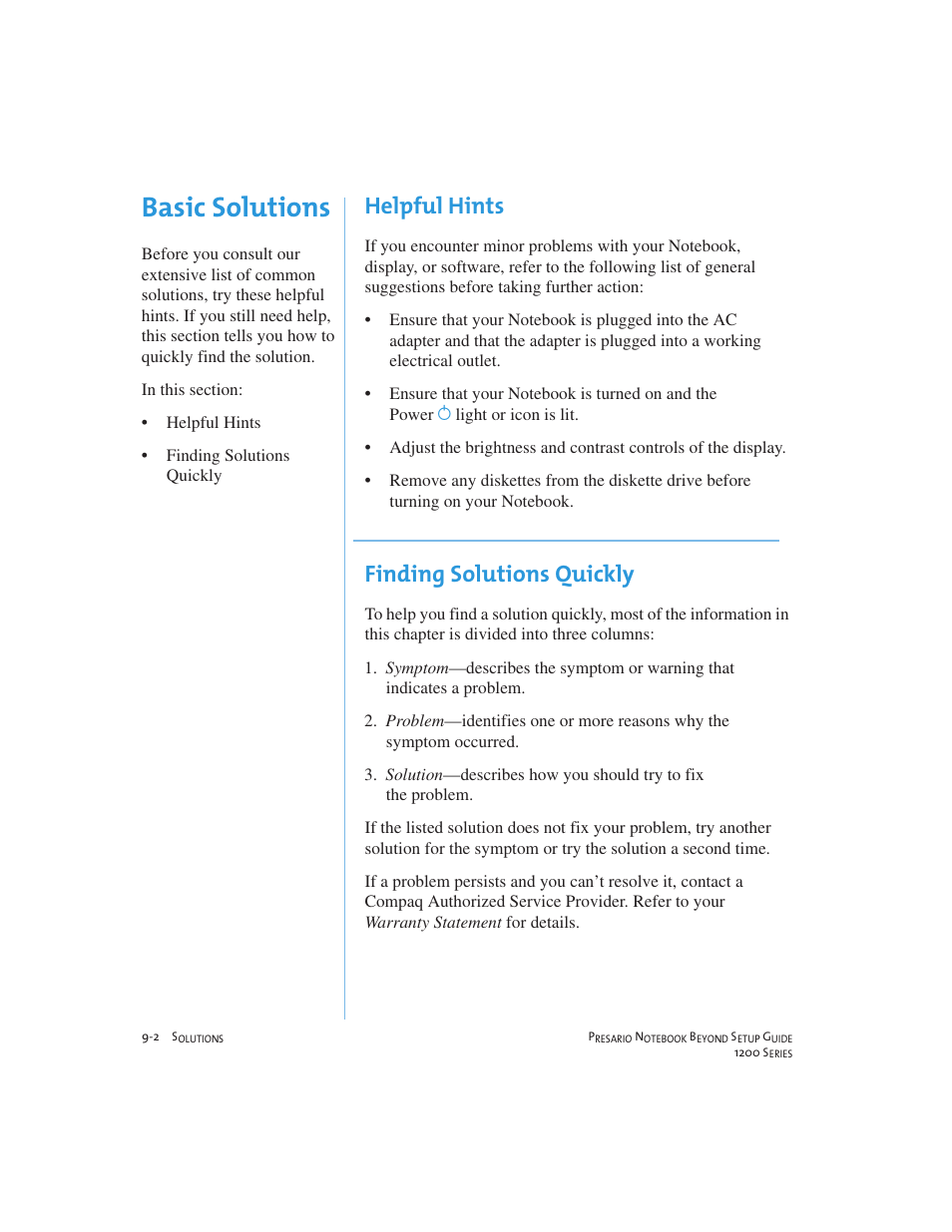 Basic solutions, Helpful hints, Finding solutions quickly | Compaq 1200 User Manual | Page 108 / 158