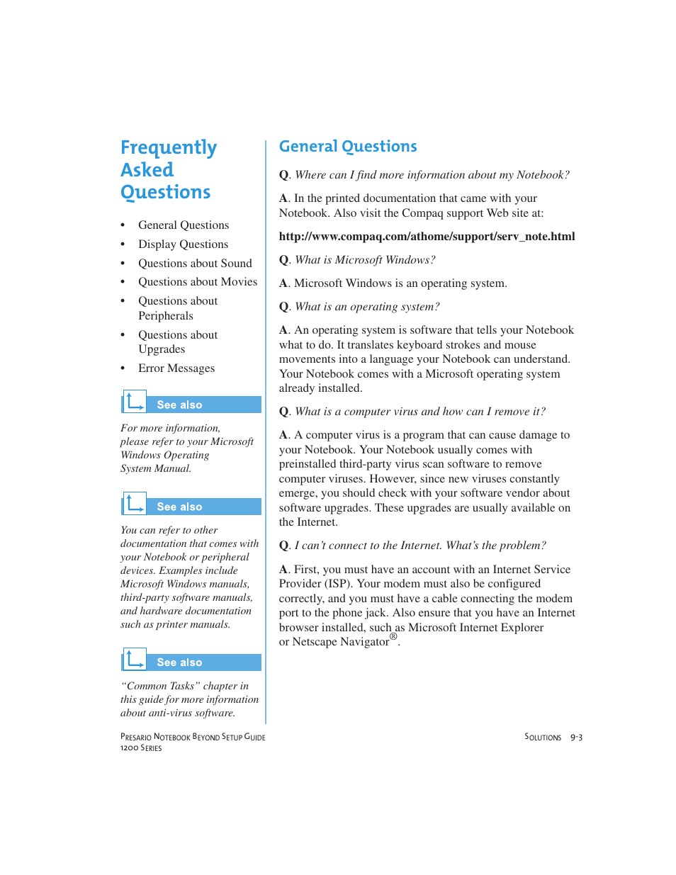 Frequently asked questions, General questions | Compaq 1200 User Manual | Page 109 / 158