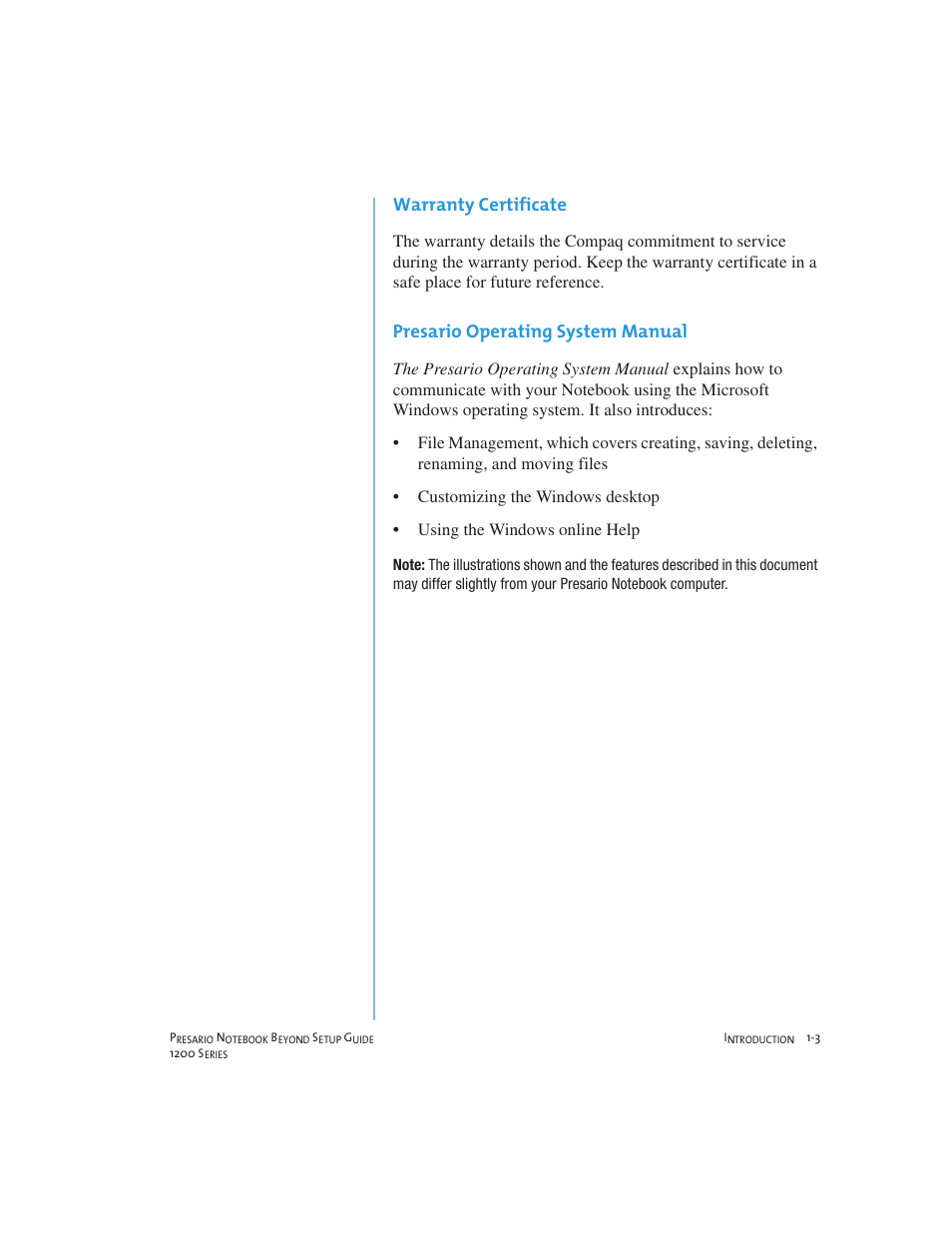 Warranty certificate, Presario operating system manual | Compaq 1200 User Manual | Page 11 / 158