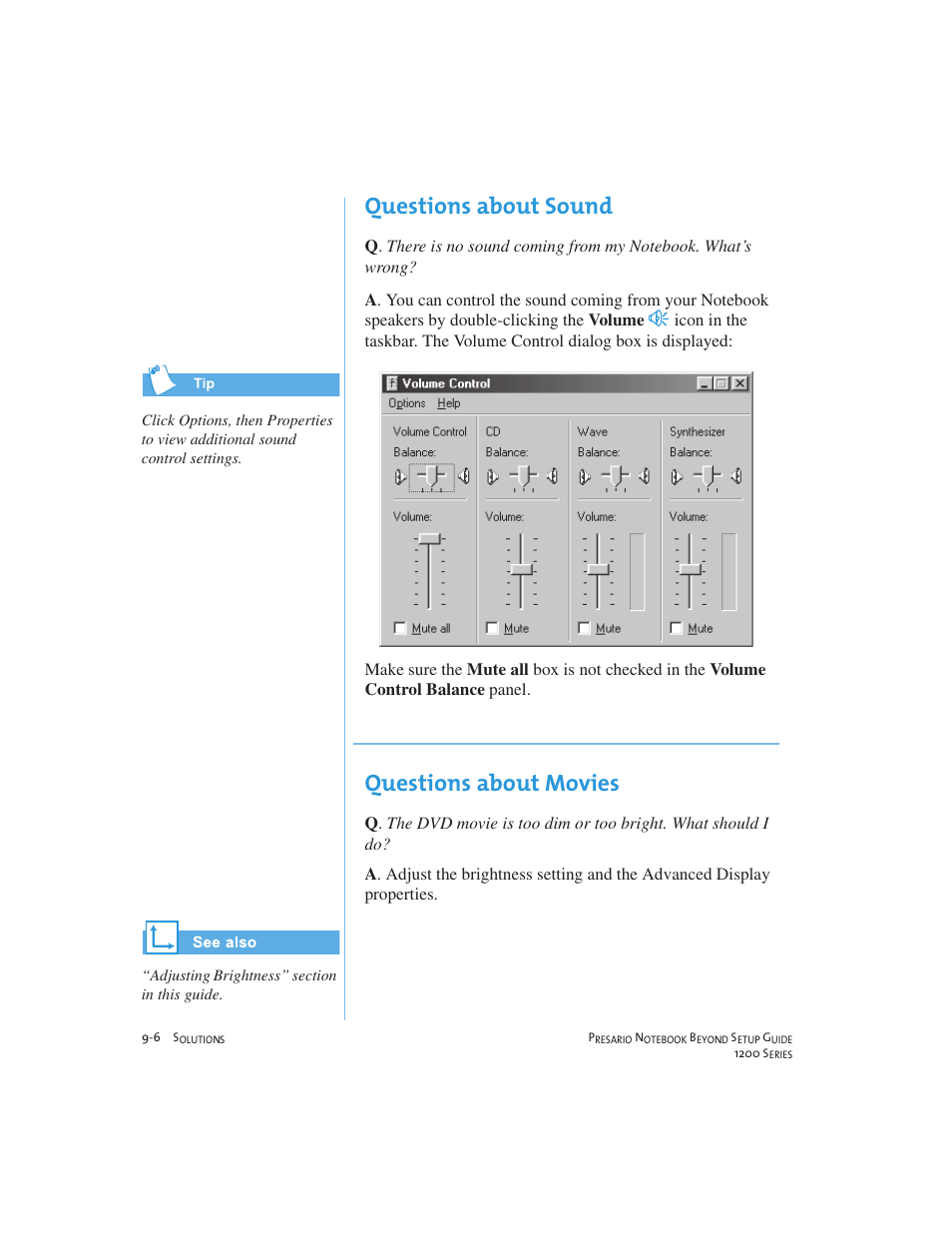 Questions about sound, Questions about movies | Compaq 1200 User Manual | Page 112 / 158