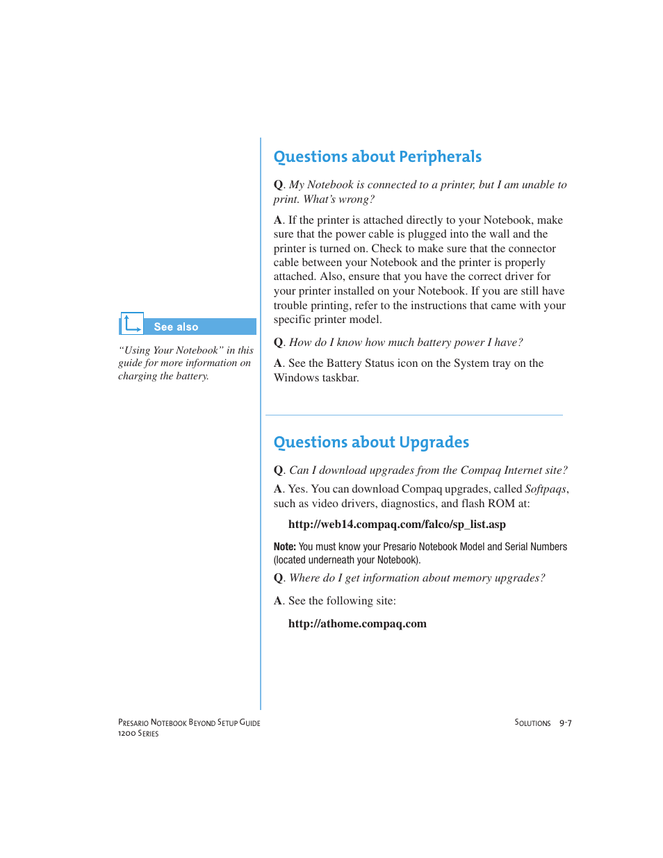 Questions about peripherals, Questions about upgrades | Compaq 1200 User Manual | Page 113 / 158