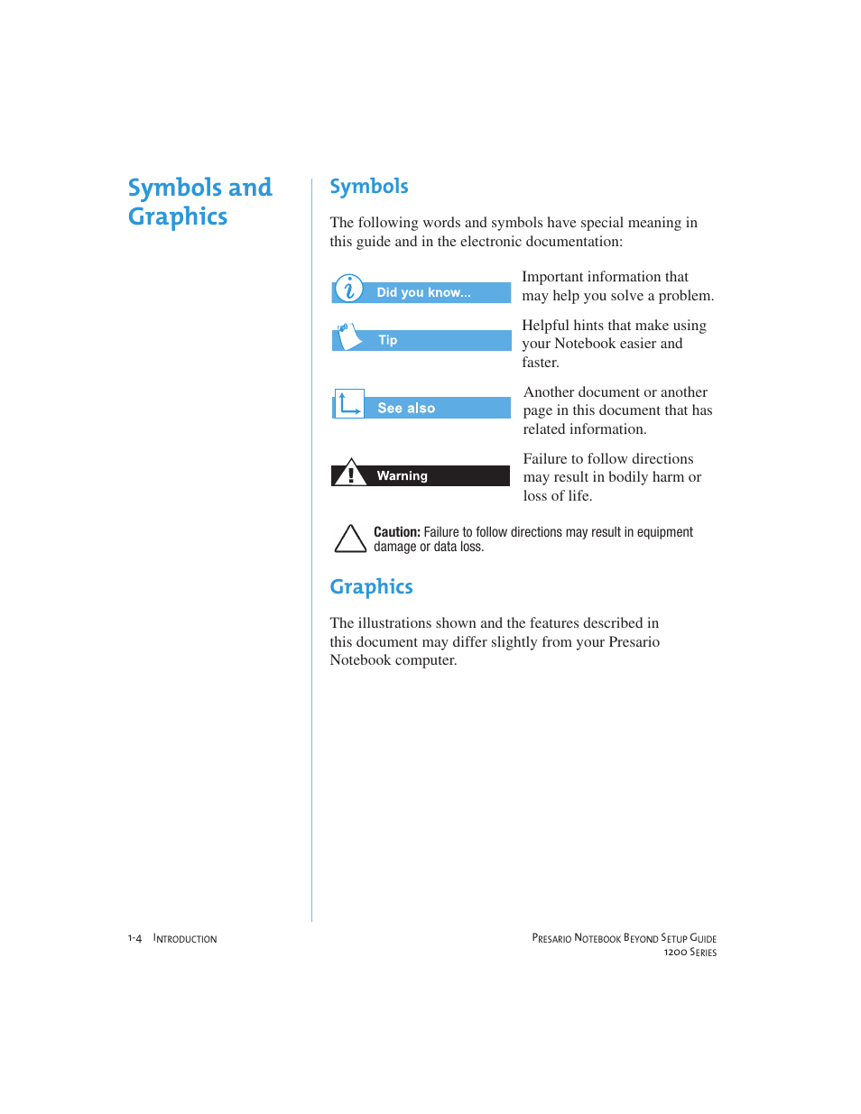 Symbols and graphics, Symbols, Graphics | Compaq 1200 User Manual | Page 12 / 158