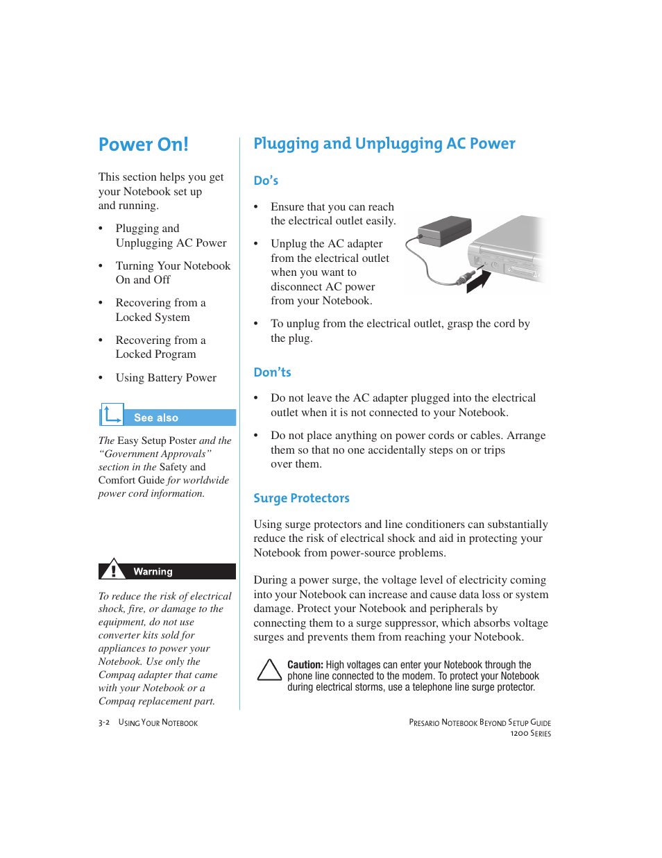 Power on, Plugging and unplugging ac power | Compaq 1200 User Manual | Page 24 / 158