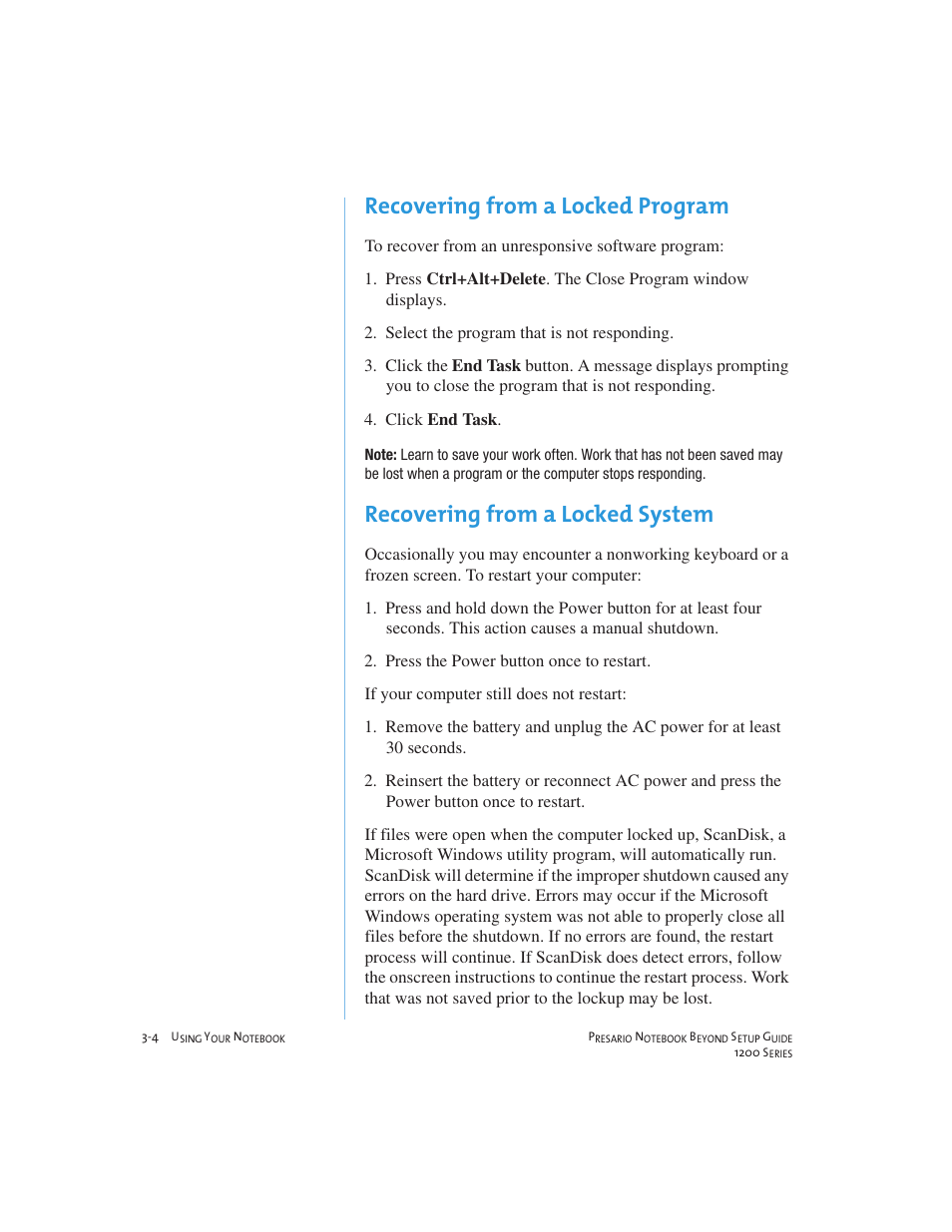 Recovering from a locked program, Recovering from a locked system | Compaq 1200 User Manual | Page 26 / 158