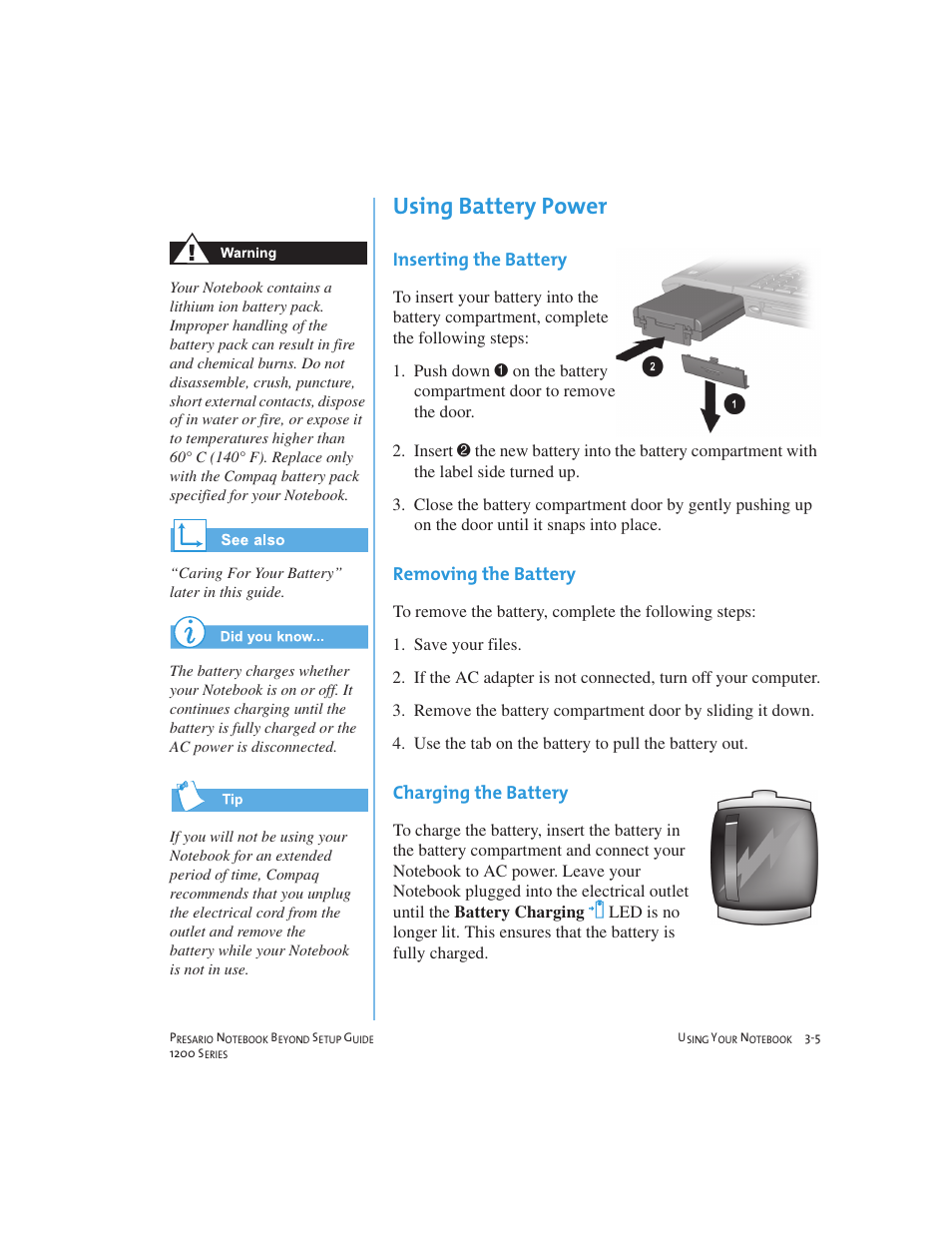 Using battery power | Compaq 1200 User Manual | Page 27 / 158