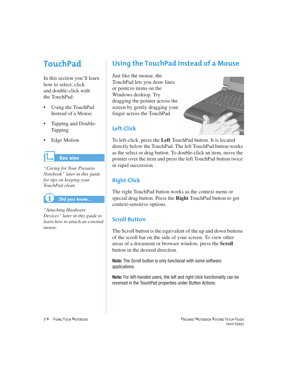 Touchpad, Using the touchpad instead of a mouse | Compaq 1200 User Manual | Page 28 / 158