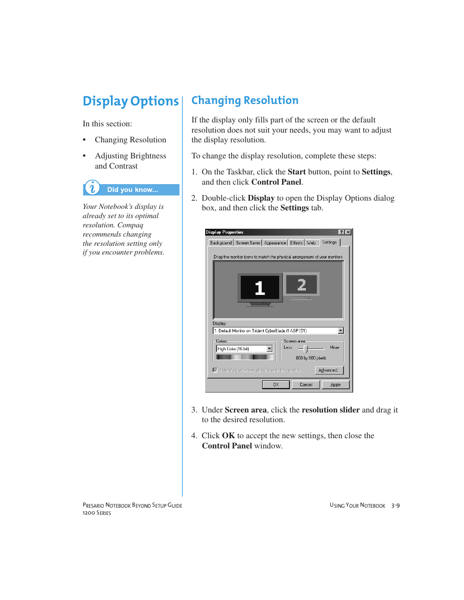 Display options, Changing resolution | Compaq 1200 User Manual | Page 31 / 158