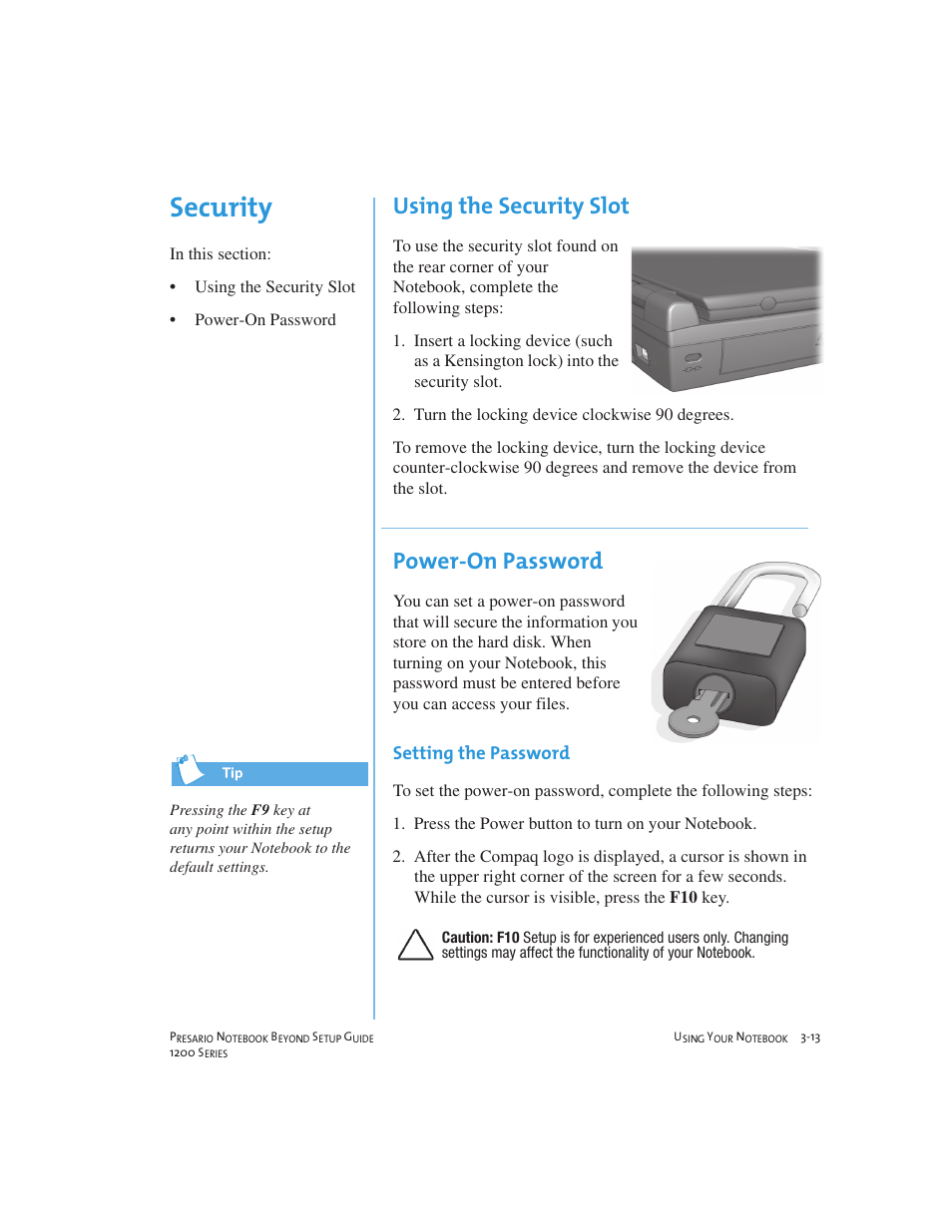 Security, Using the security slot, Power-on password | Compaq 1200 User Manual | Page 35 / 158