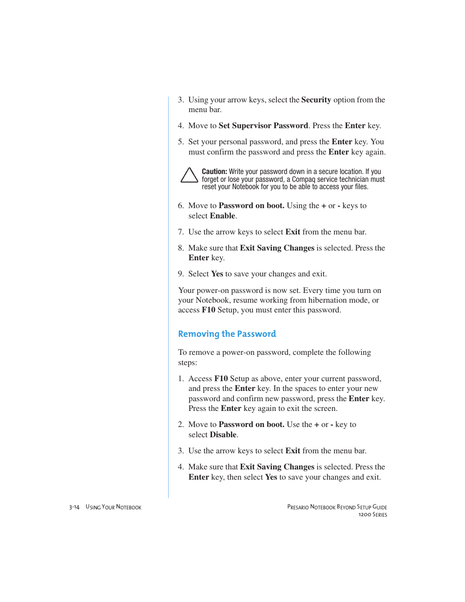 Removing the password | Compaq 1200 User Manual | Page 36 / 158