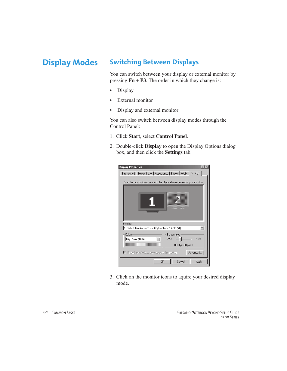 Display modes, Switching between displays | Compaq 1200 User Manual | Page 38 / 158