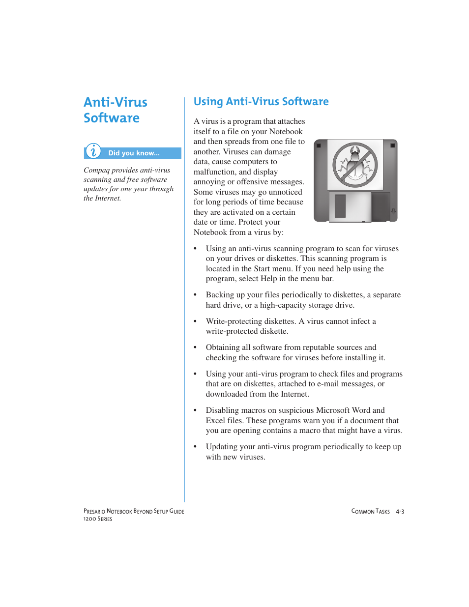 Anti-virus software, Using anti-virus software | Compaq 1200 User Manual | Page 39 / 158