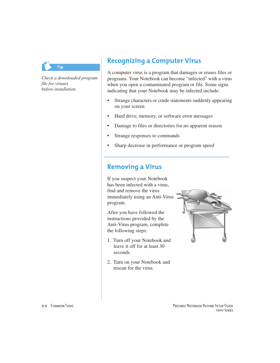Recognizing a computer virus, Removing a virus | Compaq 1200 User Manual | Page 40 / 158