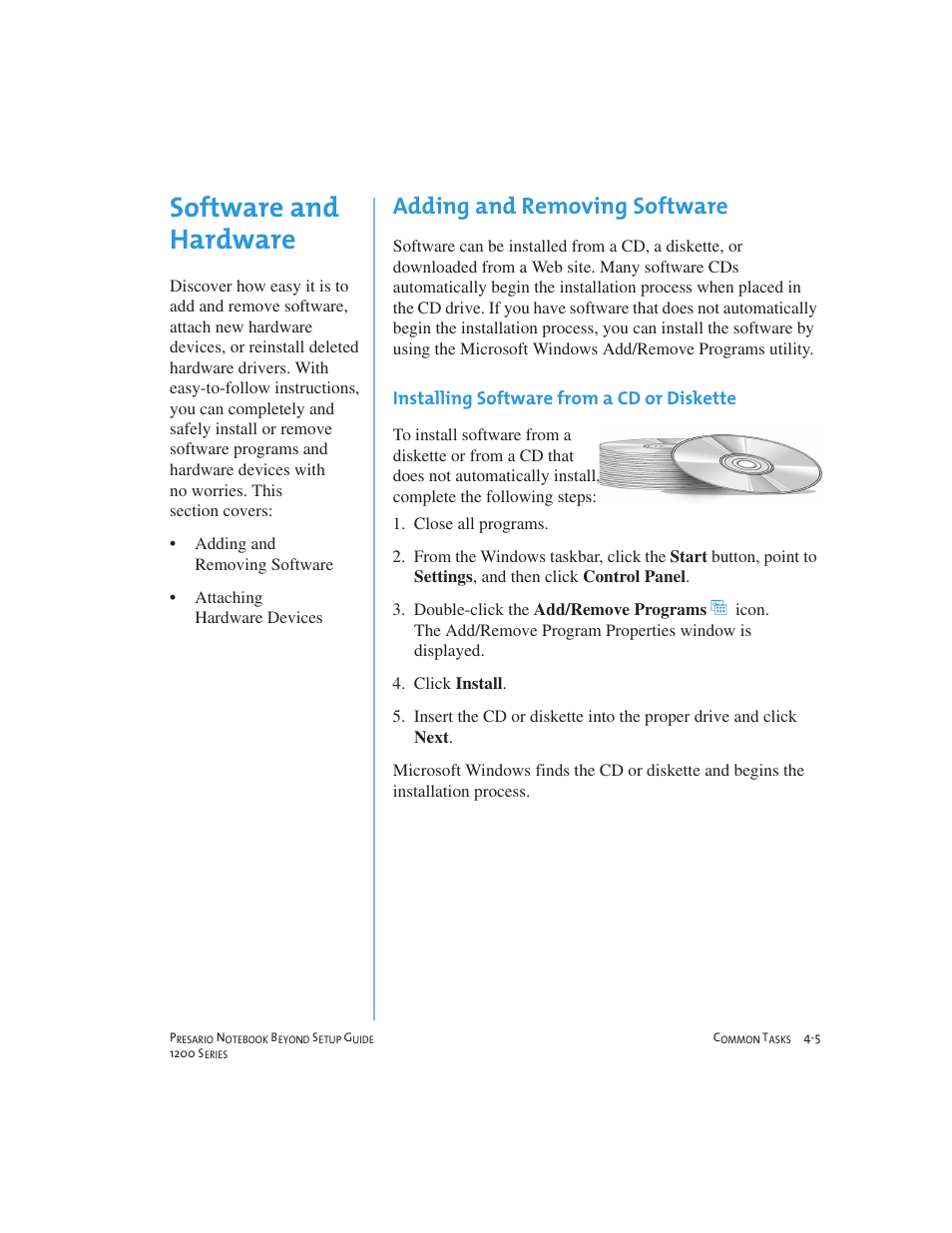 Software and hardware, Adding and removing software | Compaq 1200 User Manual | Page 41 / 158