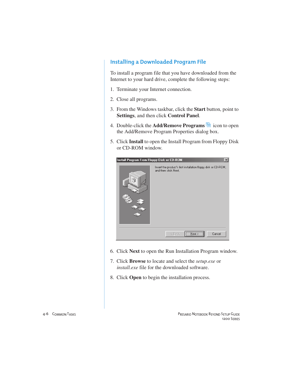 Installing a downloaded program file | Compaq 1200 User Manual | Page 42 / 158