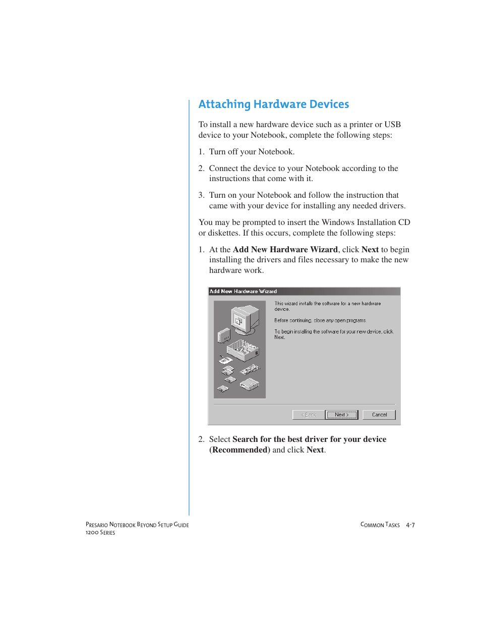 Attaching hardware devices | Compaq 1200 User Manual | Page 43 / 158