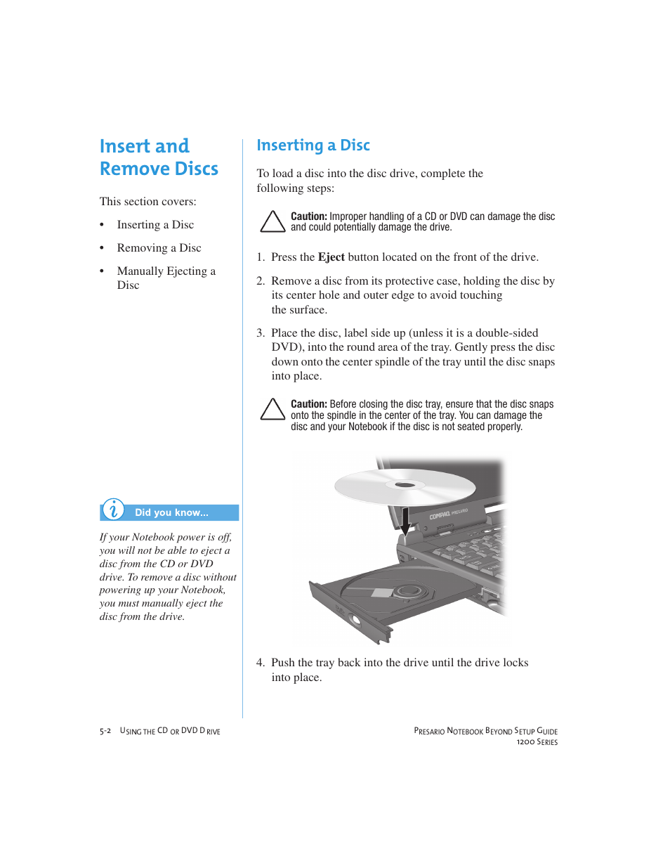 Insert and remove discs, Inserting a disc | Compaq 1200 User Manual | Page 46 / 158