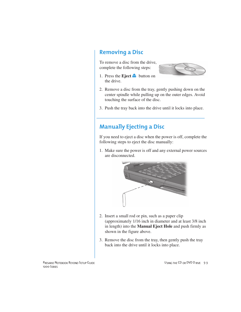 Removing a disc, Manually ejecting a disc | Compaq 1200 User Manual | Page 47 / 158