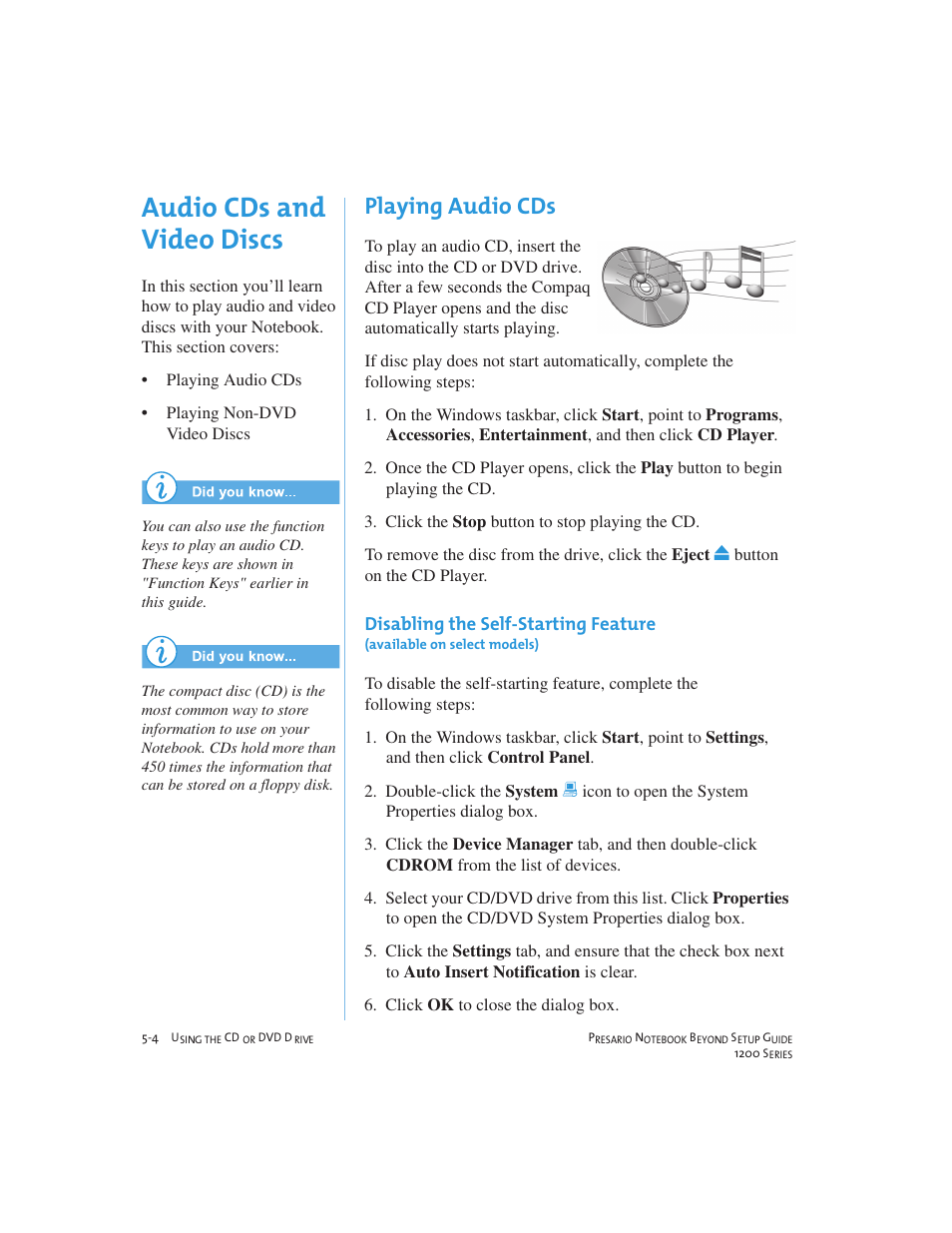 Audio cds and video discs, Playing audio cds | Compaq 1200 User Manual | Page 48 / 158