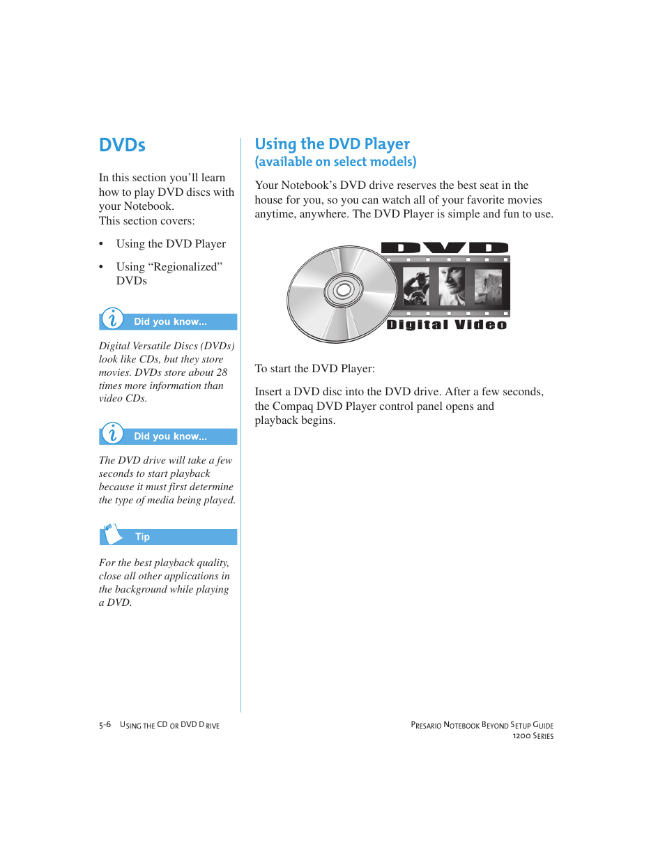 Dvds, Using the dvd player, Available on select models) | Compaq 1200 User Manual | Page 50 / 158