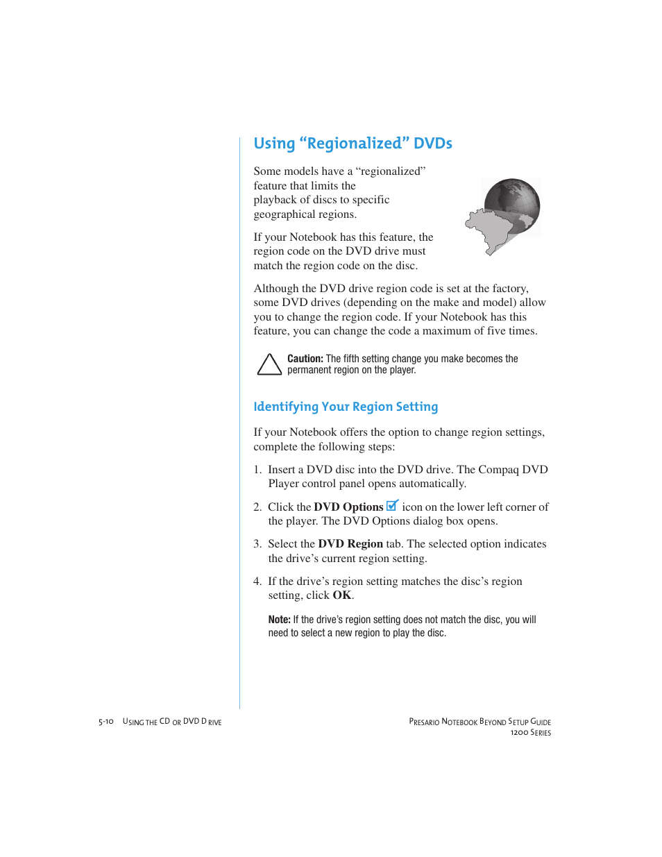 Using regionalized dvds, Identifying your region setting | Compaq 1200 User Manual | Page 54 / 158