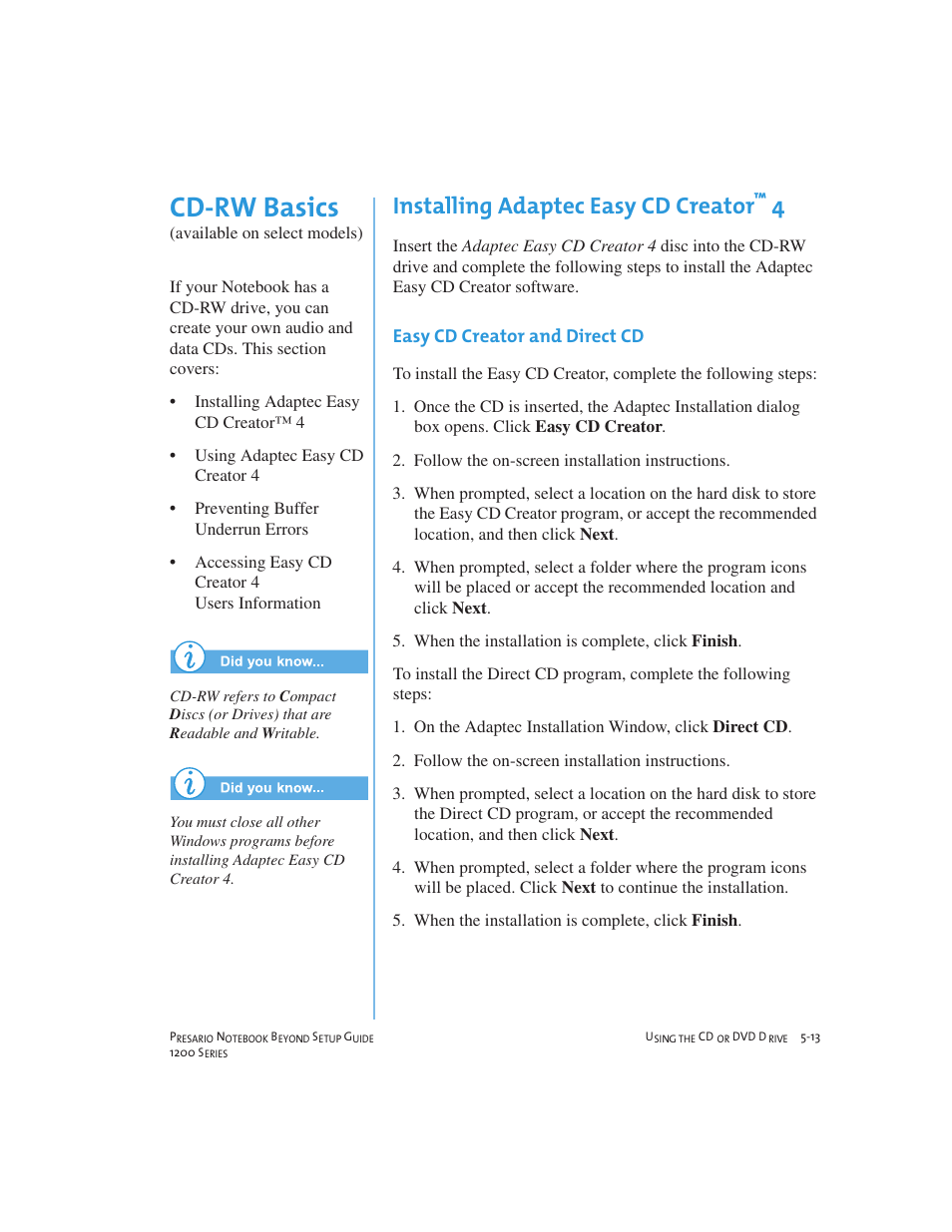 Cd-rw basics, Installing adaptec easy cd creator | Compaq 1200 User Manual | Page 57 / 158