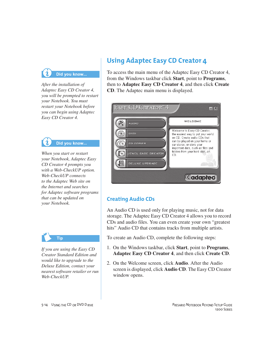 Using adaptec easy cd creator, Creating audio cds | Compaq 1200 User Manual | Page 58 / 158