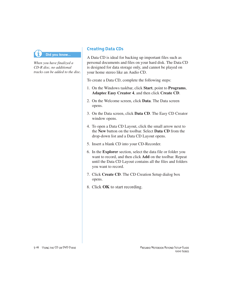 Creating data cds, Lick ok to start recording | Compaq 1200 User Manual | Page 60 / 158