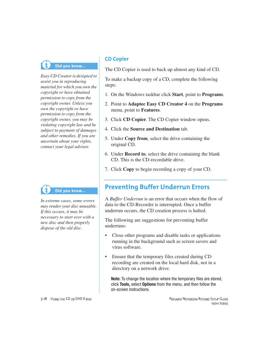 Preventing buffer underrun errors, Cd copier | Compaq 1200 User Manual | Page 62 / 158