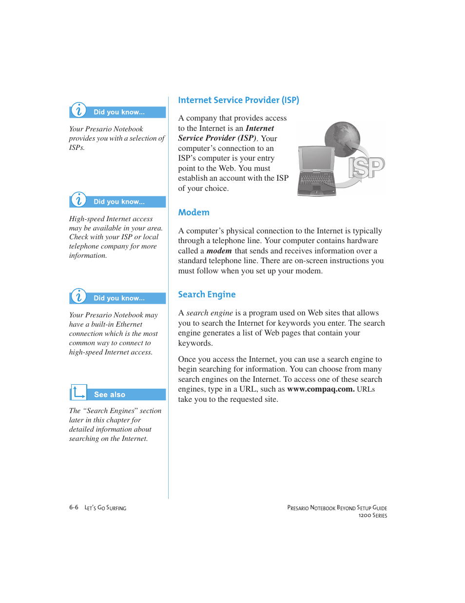 Internet service provider (isp), Modem, Search engine | Compaq 1200 User Manual | Page 70 / 158