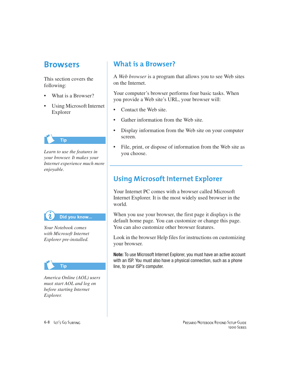 Browsers, What is a browser, Using microsoft internet explorer | Compaq 1200 User Manual | Page 72 / 158