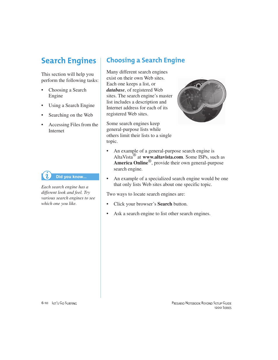 Search engines, Choosing a search engine | Compaq 1200 User Manual | Page 74 / 158