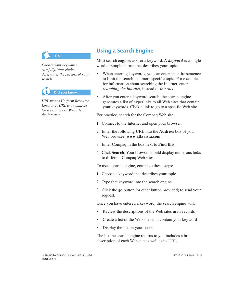 Using a search engine | Compaq 1200 User Manual | Page 75 / 158