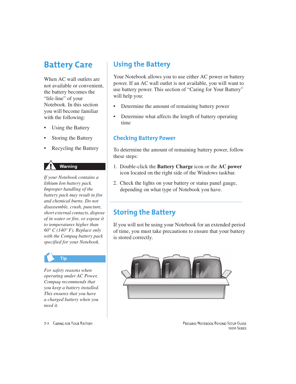 Battery care, Using the battery, Storing the battery | Compaq 1200 User Manual | Page 80 / 158