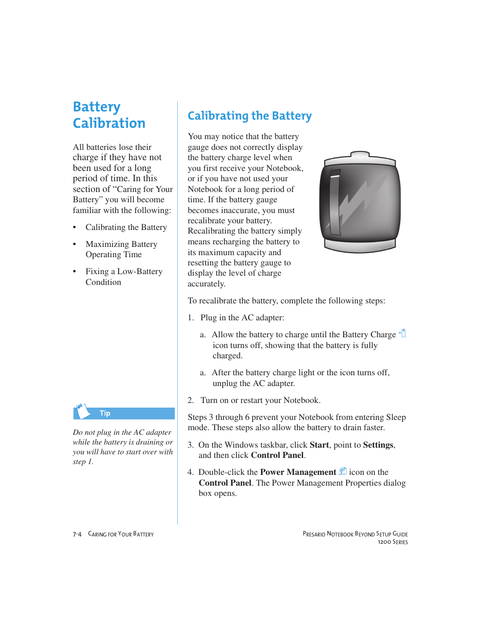 Battery calibration, Calibrating the battery | Compaq 1200 User Manual | Page 82 / 158