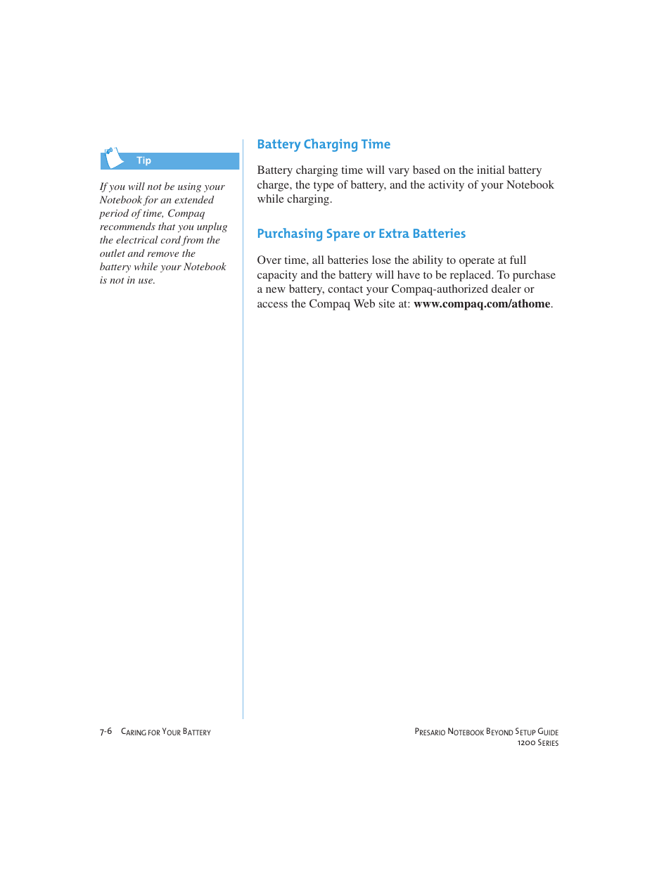 Battery charging time, Purchasing spare or extra batteries | Compaq 1200 User Manual | Page 84 / 158